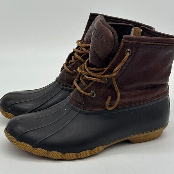 Sperry Boots Womens 9M Saltwater Burgundy Leather Waterproof Rubber Duck Lace Up - Picture 1 of 12